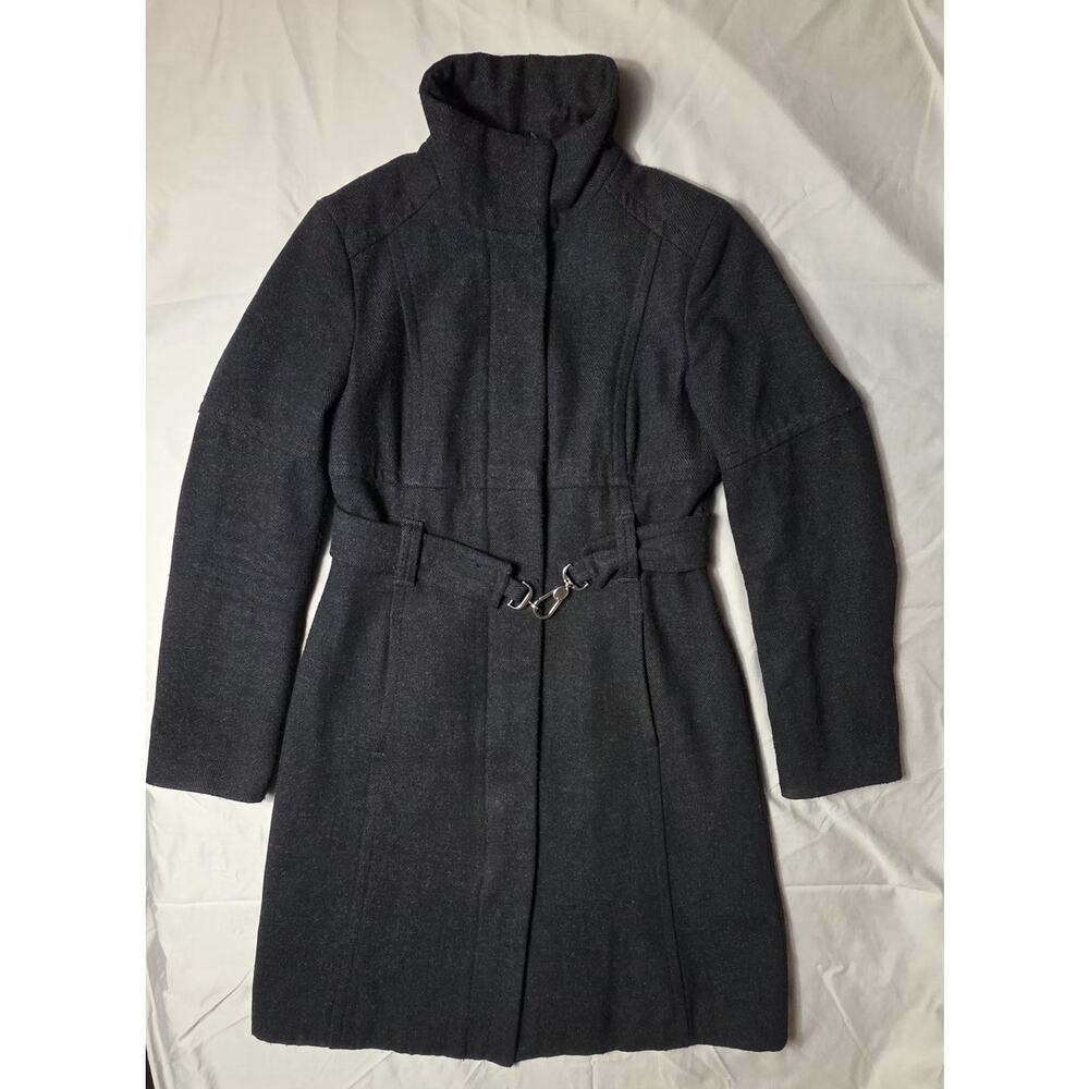 Benetton Italian Wool Blend Dark Gray Herringbone Belted Overcoat